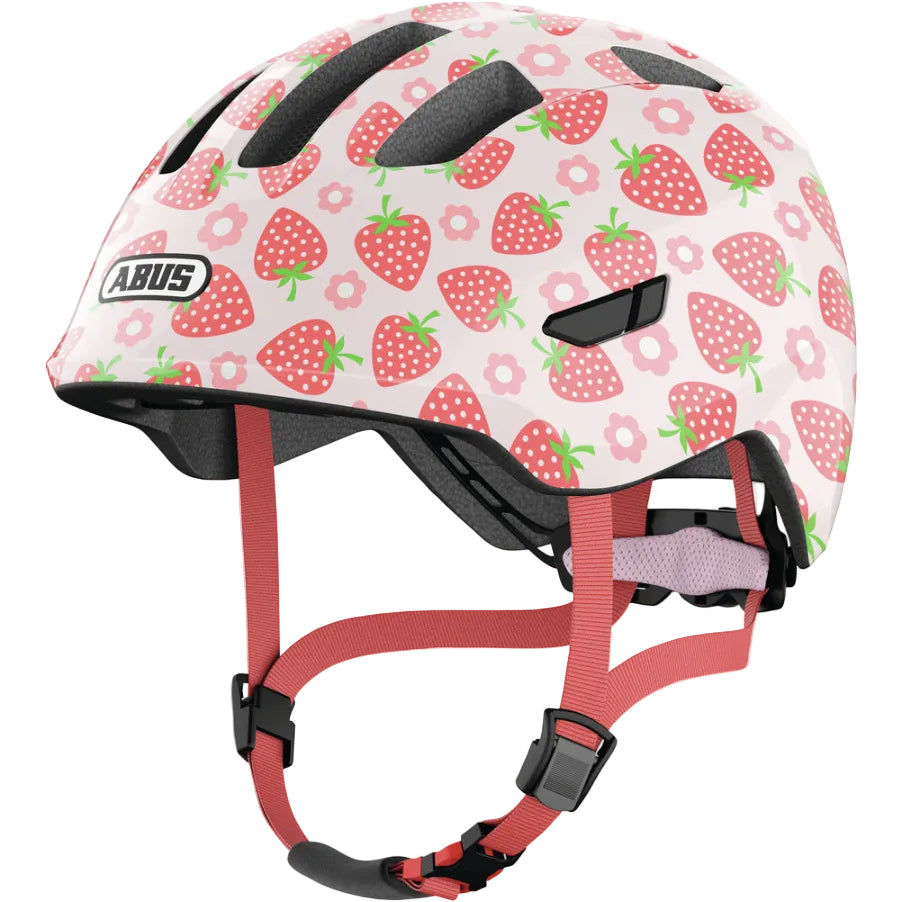 Casque vélo enfant ABUS Smiley 3.0 LED Rose Fraise sangle